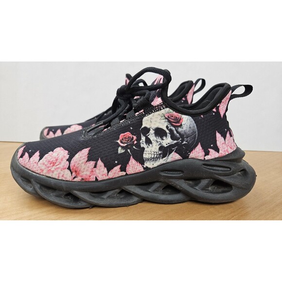 Skull Rose Shoes Womens Size 9 Black Pink Graphic Chunky Sole Goth Sneakers - Picture 2 of 7